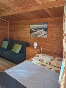 a bedroom with a bed and a couch in a cabin at Zielony Zakątek domki i pokoje 661-038-537 in Polańczyk