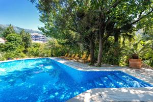a blue swimming pool with chairs and a tree at Hotel Dubrava in Budva