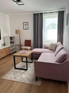 a living room with a couch and a coffee table at Apartament Mirka centrum in Lidzbark Warmiński