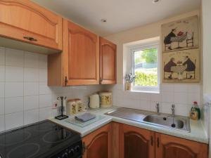 a kitchen with wooden cabinets and a sink and a window at Ryecross Farm Cottage in Melbury Abbas