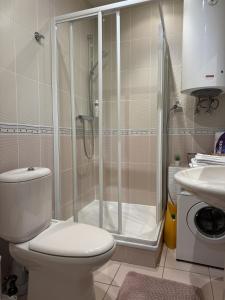 a bathroom with a shower with a toilet and a sink at Alexa Nida Lighthouse Apartment in Nida +24 photos