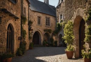 an alleyway in an old stone building with plants at L'Héritage, Loft design et pierre in Dol-de-Bretagne