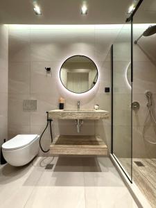 a bathroom with a sink and a toilet and a mirror at Houmas Apartments in Palaiochora