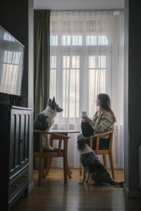 a woman sitting at a table with two dogs looking out the window at Perła Sudetów by Stay inn Hotels in Karpacz +66 photos