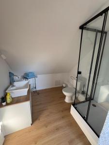 a bathroom with a sink and a toilet in it at Green View Apartment in Wülfrath