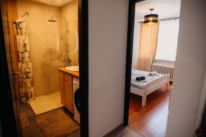 a bathroom with a shower and a sink and a bed at The Home in Gheorgheni