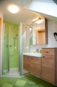 a bathroom with a shower and a sink at Ferienhof Pfaffenlehen in Maria Neustift +61 photos
