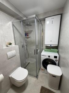 a bathroom with a shower and a toilet and a washing machine at White stone house in Bigova +17 photos