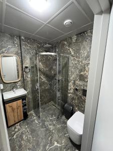 a bathroom with a shower and a toilet and a sink at ABBA Hotel in Kyiv