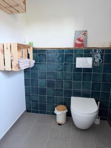 a bathroom with a toilet and a green tiled wall at Schlosserhäuschen in Leipzig