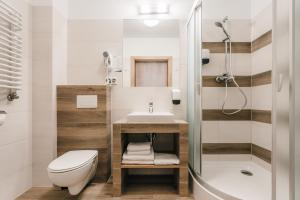 a bathroom with a toilet and a sink and a shower at Hotel Polonez in Krakow +32 photos