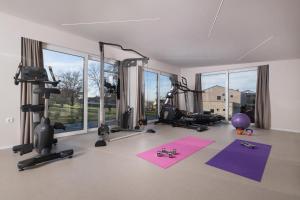 a gym with yoga mats and exercise equipment and large windows at San Servolo Wellness Rooms - Adults Only in Buje