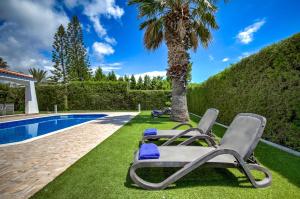 two lounge chairs and a palm tree next to a swimming pool at Bungalow Casa Bella by Ezoria Villas in Coral Bay