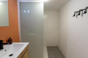 ein Badezimmer mit Waschbecken und Dusche in der Unterkunft Le Zigzag in Retournac