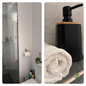 two pictures of a bathroom with a shower and a towel at The Quiet Creative, Corporate-Ready 1BR in Tatu City