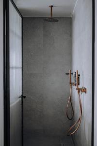 a bathroom with a shower with a glass door at Thianne Luxury Suites in Fira +25 photos
