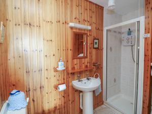a bathroom with wooden walls and a sink and a shower at Cairbre House in Dungarvan +34 photos