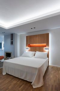 a large white bed in a room with a fireplace at Velino Business Suite in Avezzano