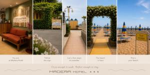 a collage of photos of a hotel with an arch and a beach at Hotel Madera in Lido di Jesolo