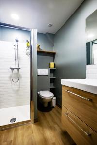 a bathroom with a shower and a toilet and a sink at Cité Plantagenêt, Jardin & piscine 24H du Mans in Le Mans +26 photos