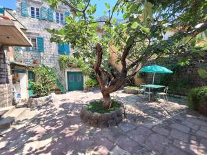 a tree in a stump with a table and an umbrella at Apartments Subotic in Risan