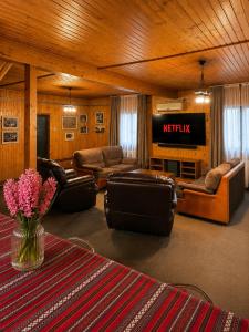 a living room with a television and a table with flowers at Cabana Brazilor in Câmpina