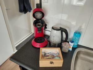 a kitchen counter with a blender and a picture on it at Vijverzicht Krabbendijke centrum in Krabbendijke
