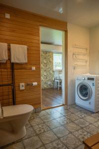 a bathroom with a toilet and a washing machine at Ämmamoori Maja - Mother-in-Law's House in Palmse