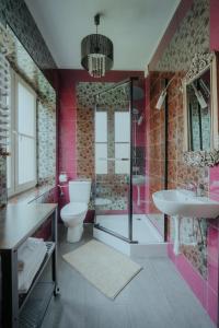 a pink bathroom with a toilet and a sink at Dwór Ujazdowski in Nielisz +134 photos