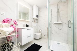 a white bathroom with a shower and a toilet at Studio Apartment Sunce in Rovinj +48 photos