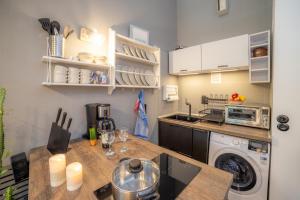 a kitchen with a counter and a washer and dryer at Tiny Loft Harz in Sankt Andreasberg