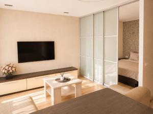 a living room with a television and a bed at Nikoletos apartamentai in Panevėžys