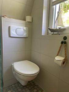 a bathroom with a toilet and a window with a boat on it at Ferienhaus nähe Warnemünde in Elmenhorst +25 photos