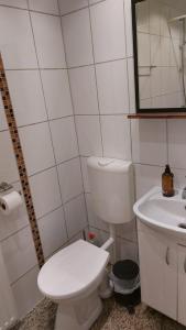 a white bathroom with a toilet and a sink at FineApartment Rendsburg in Rendsburg +25 photos