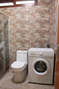 a bathroom with a toilet and a washing machine at Moorea Lodge Arii in Afareaitu