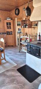 a large kitchen with wooden walls and a stove at Monis und Marcos B&B in Koppom +26 photos