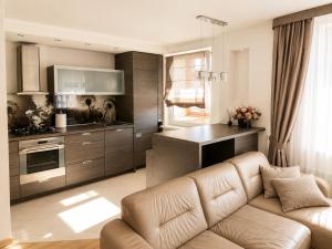 a living room with a couch and a kitchen at Nikoletos apartamentai in Panevėžys +6 photos