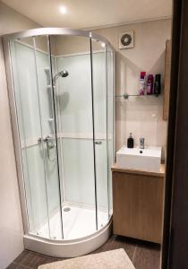 a bathroom with a shower and a sink at Nemunas in Panevėžys