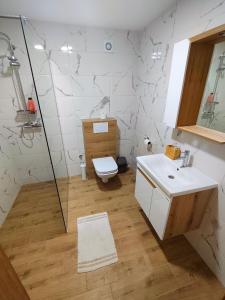 a bathroom with a shower and a toilet and a sink at Nota in Veliko Gradište +45 photos