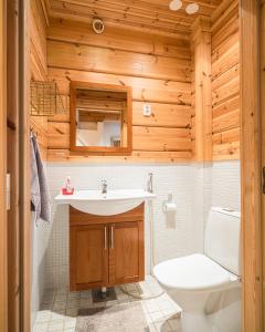 a bathroom with a white toilet and a sink at Koivulankaari 17 in Tahkovuori