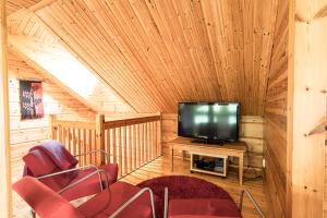 a living room with a television in a cabin at Koivulankaari 17 in Tahkovuori