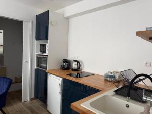 a kitchen with blue cabinets and a sink at L'Opaline - Bord de Seine près de Giverny in Vernon