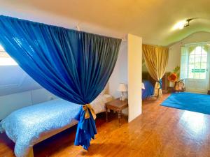 a bedroom with a bed with a blue curtain at Solar Alegria Lodge in Oliveira de Frades +84 photos