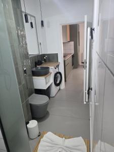 a small bathroom with a toilet and a sink at Apartament My Room in Curtea de Argeş +4 photos