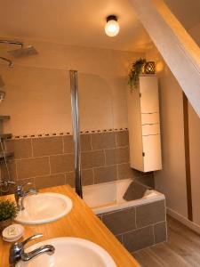 a bathroom with a sink and a shower and a tub at Gîte Le Riviéra in Almenêches