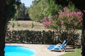 ein Paar blauer Stühle neben einem Pool in der Unterkunft Hotel Can Ribalta in San Antonio de Vilamajor