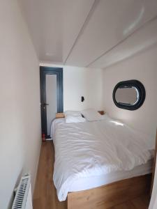a large white bed in a room with a window at Bateau Lac du Der - Nuisement - Navigation in Les Petites-Côtes +5 photos