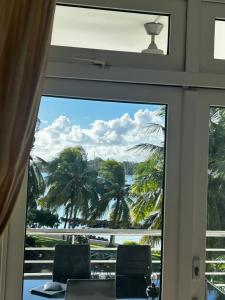 a room with a view of the ocean and palm trees at Résidence îlot in Grand-Baie