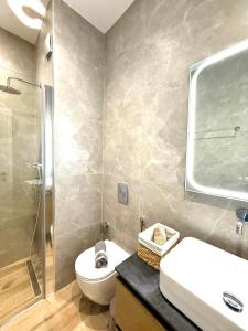 a bathroom with a toilet and a sink and a shower at Nefonas Guest House in Skiathos +19 photos