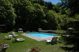 a swimming pool with chaises and chairs in a yard at Grand Hotel Molveno in Molveno